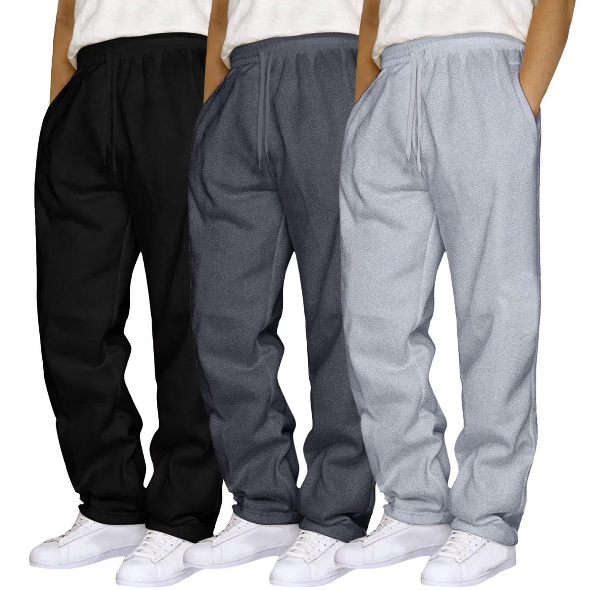 Lot de 3 pantalons de jogging pour homme - Taille élastique - Cordon de serrage - Jambe droite - Coupe ample - Uni