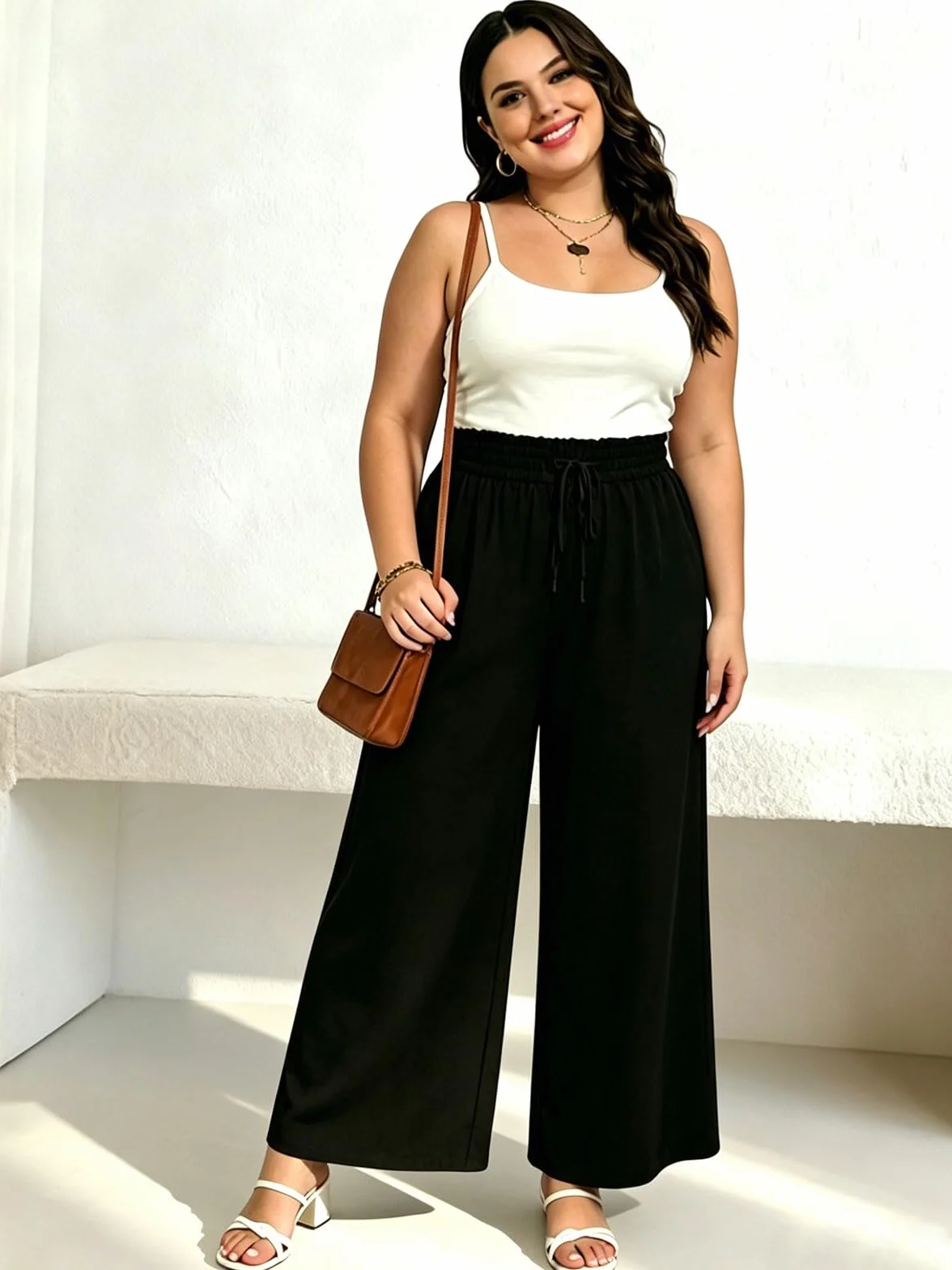 Moon Wood Pantalon Femme Grande Taille Haute Été Long Léger Fluide Elastique avec Poches