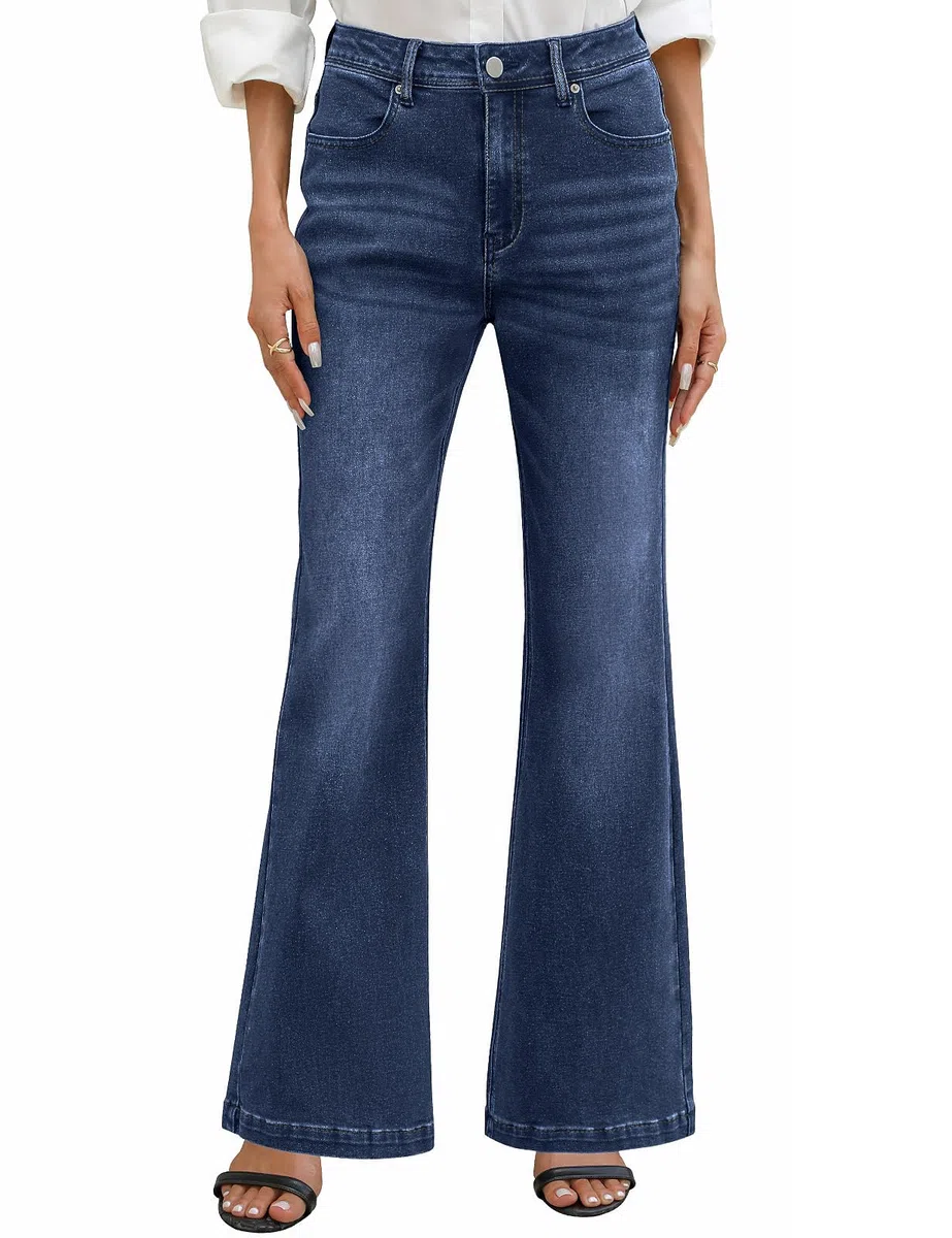 Jean Femme Taille Haute Jean Évasé Elastique Pantalon Stretch Slim Vintage Jeans Bootcut Flare Large Denim Leggings Grande Taille Extensible avec Poches