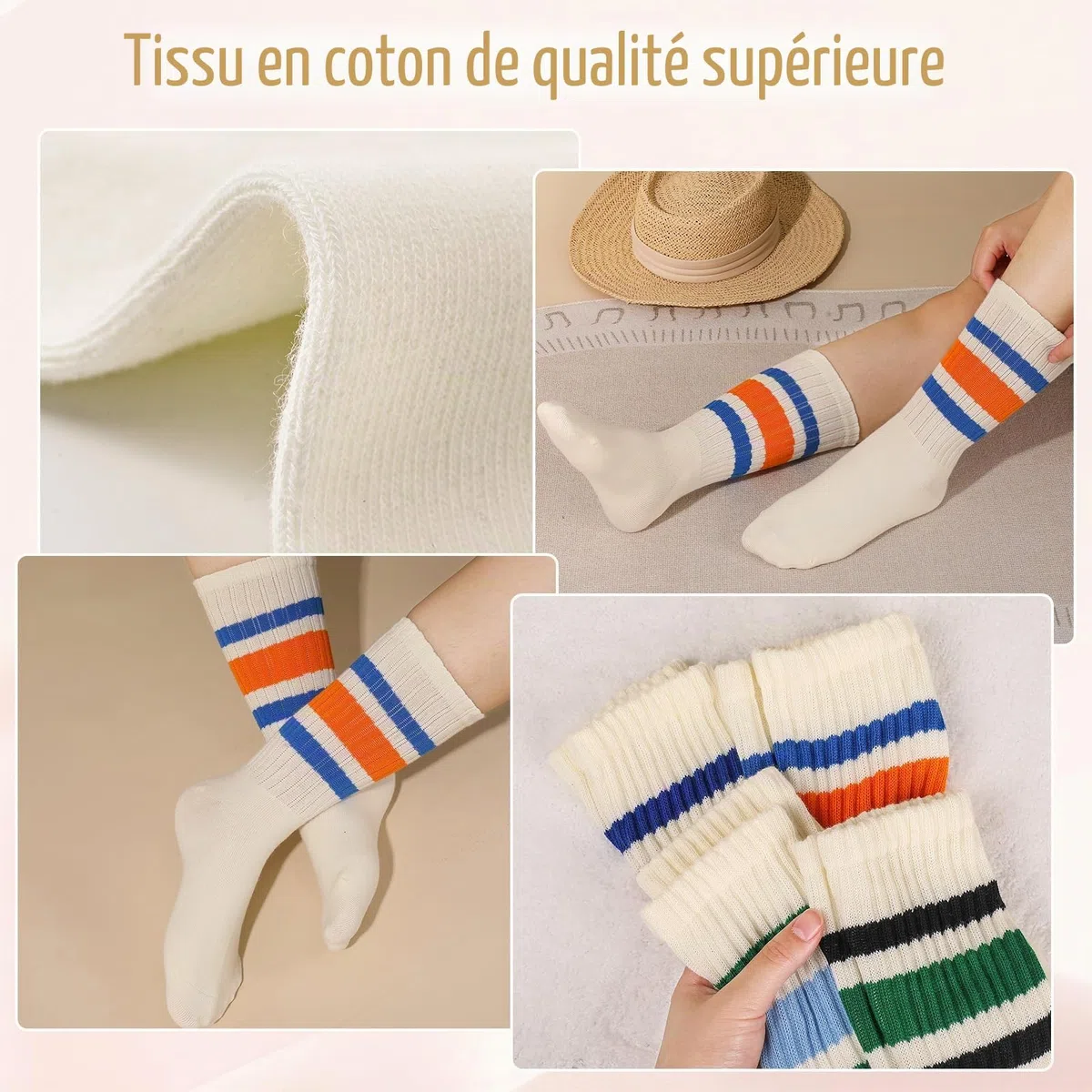 Meng Jiaran Lot de 4 paires de chaussettes de sport pour femme et homme, chaussettes rondes rayées pour femme et homme, taille 4-7, chaussettes décontractées en coton rétro athlétiques pour femme et