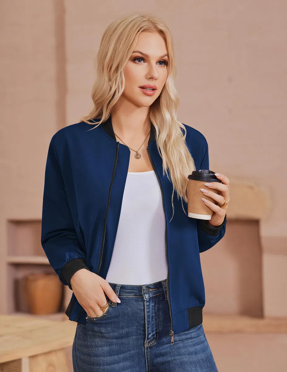 Zeagoo Veste Bomber Femme Blouson Court Court Léger Manches Longues style Décontracté Printemps et été Zippée Outwear Jacket S-3XL