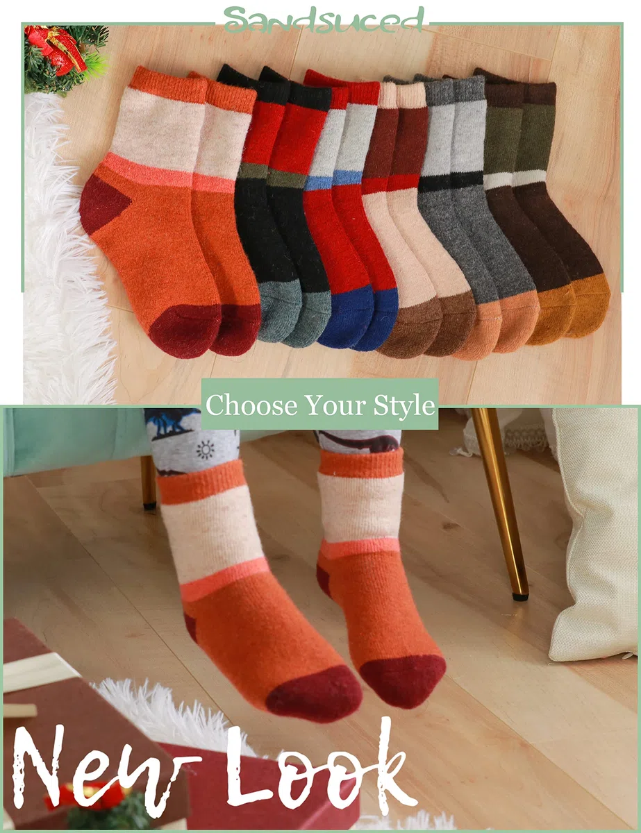 Sandsuced 6 Paires Chaussettes Chaudes Enfant en Laine Mérinos,Chaussettes épaisses Hiver Thermique pour Garçon Fille 22-34