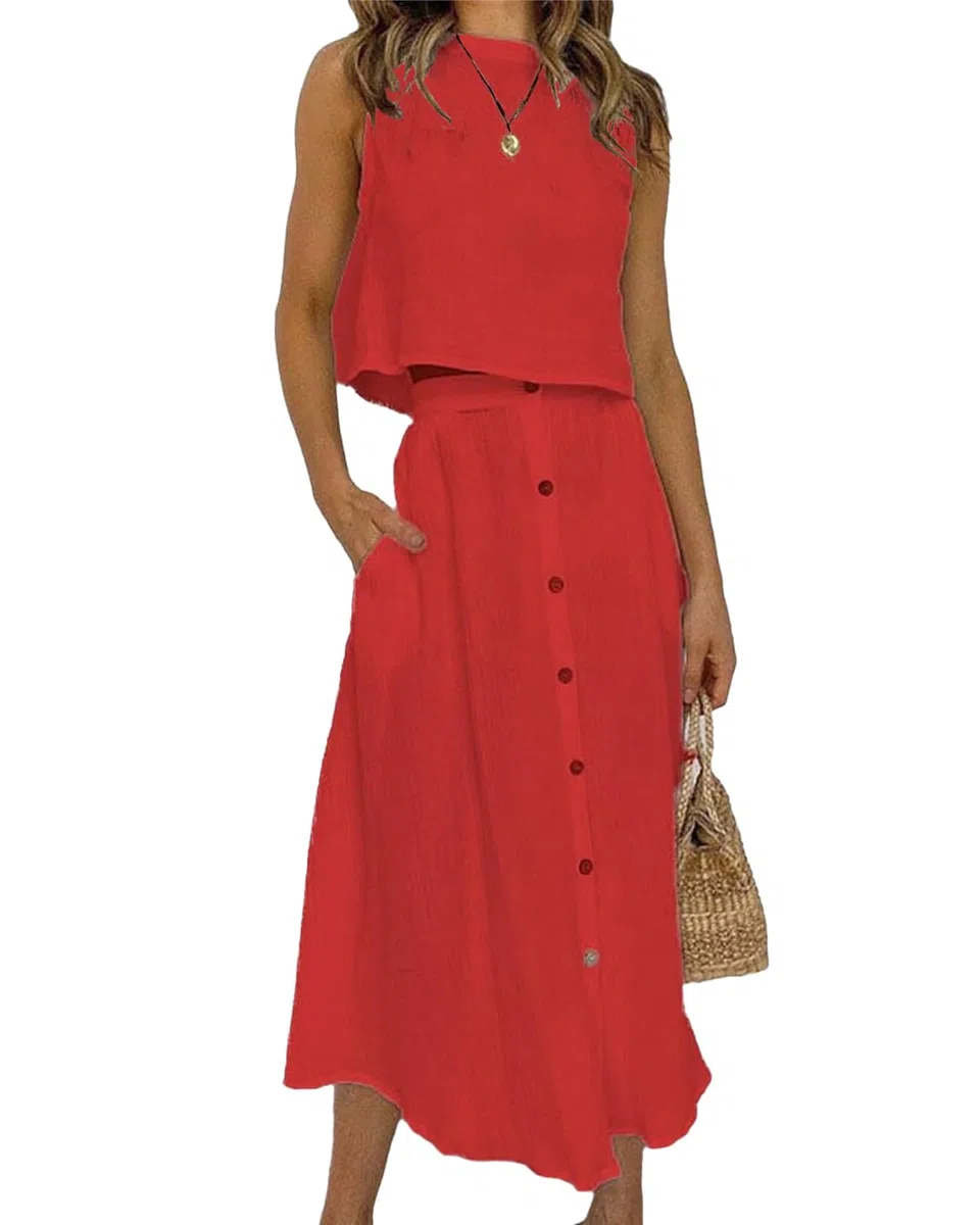 Robe Deux pièces pour Femmes Robe d'été élégante Jupe de Costume col Rond débardeur + Jupe à Boutons Ensemble Deux pièces Robe Longue Unie