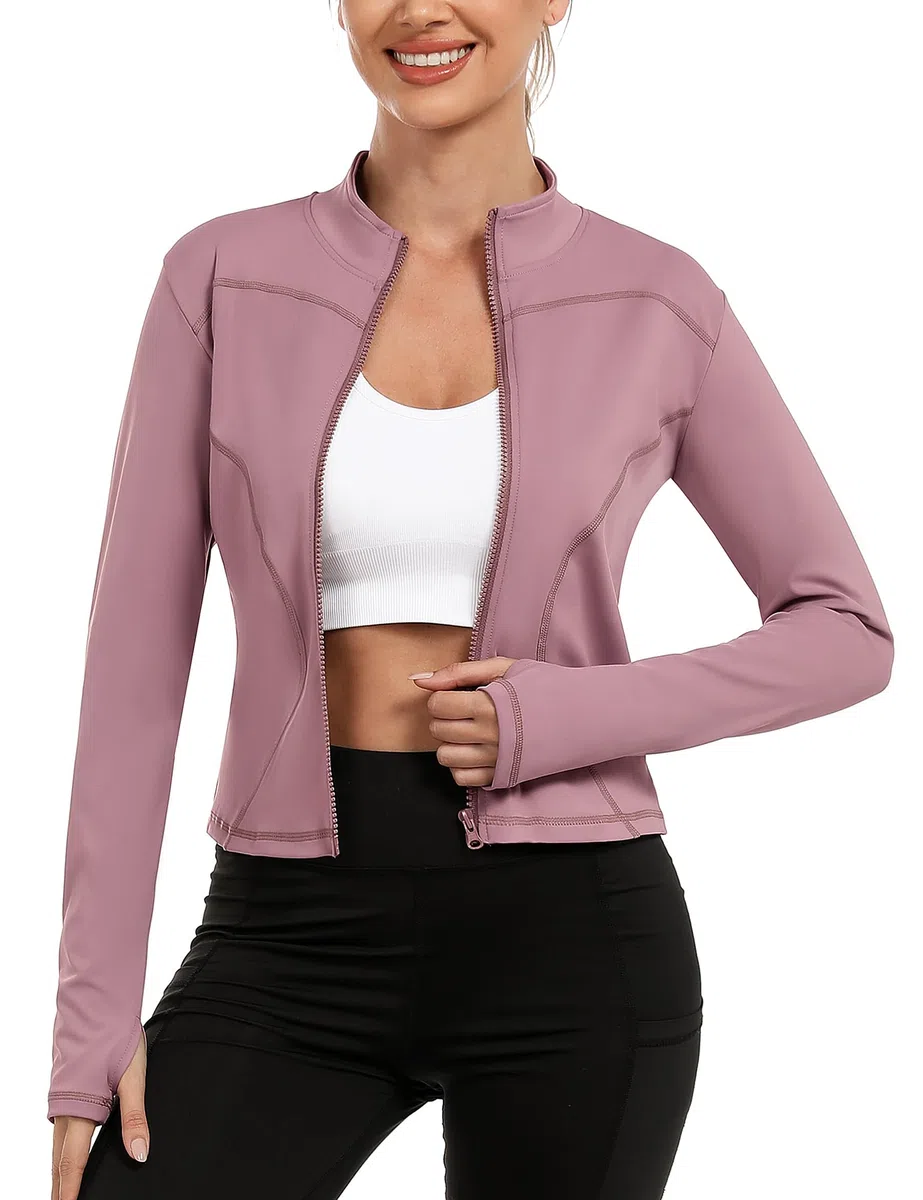Gyabnw Veste de Sport Femme Haut de Course Respirant à Manches Longues Top de Fitness avec Fermeture Eclair avec Trous pour Les Pouces Convient pour Le Yoga la Running et Plus Encore