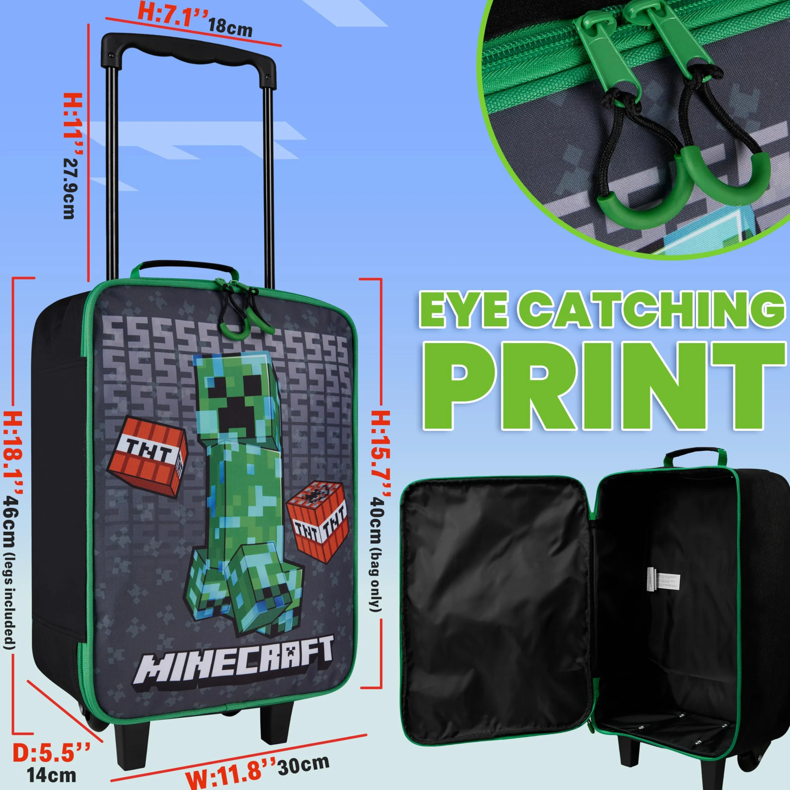Minecraft Valise Enfant Garcon Sac Trolley Creeper Valise Pliable avec Roulette Bagages Enfant pour Voyage Vacances École, 40x30x14cm, 15L (S, L46cm x W30cm - 17L, Noir)