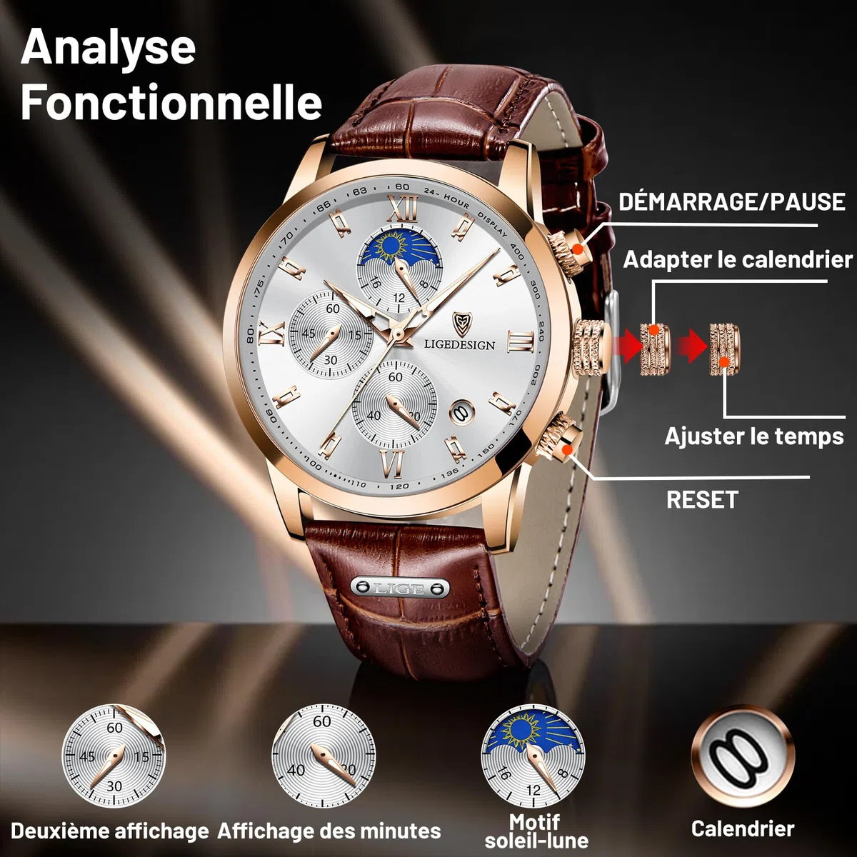 LIGE Montre Homme, Chronographe Quartz Analogique, Cadran Chronographe Jour-Lune, Bracelet en Cuir, Aiguilles Luminescentes, Affichage de la Date, Montre Homme Etanche 3ATM, Outdoor Décontracté