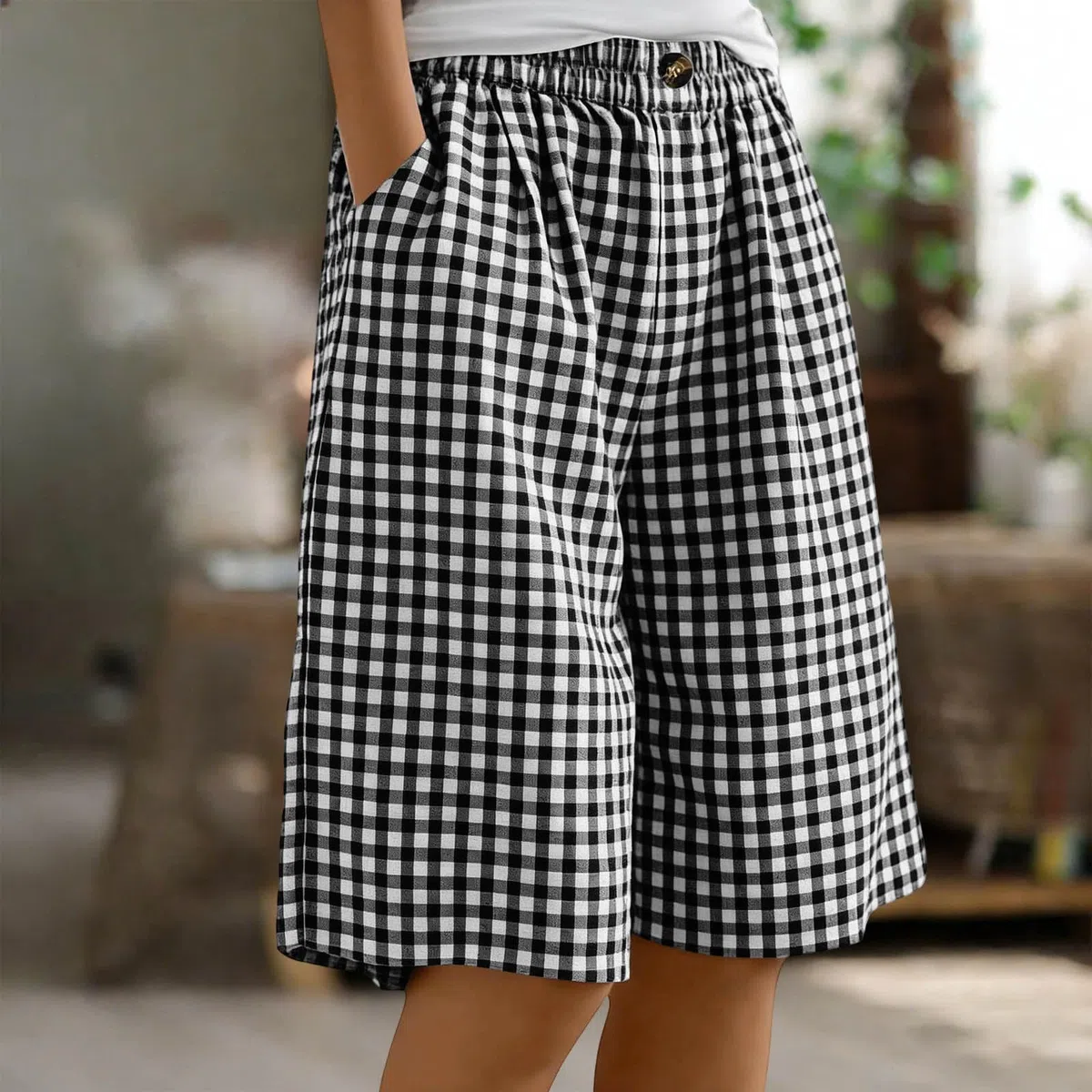 Short Long Vichy pour Femme avec Cordon De Serrage Taille élastique Short Large avec Poches Uni Coupe Ample Longueur Genou Bermuda D'été Décontracté pour Femme Coton