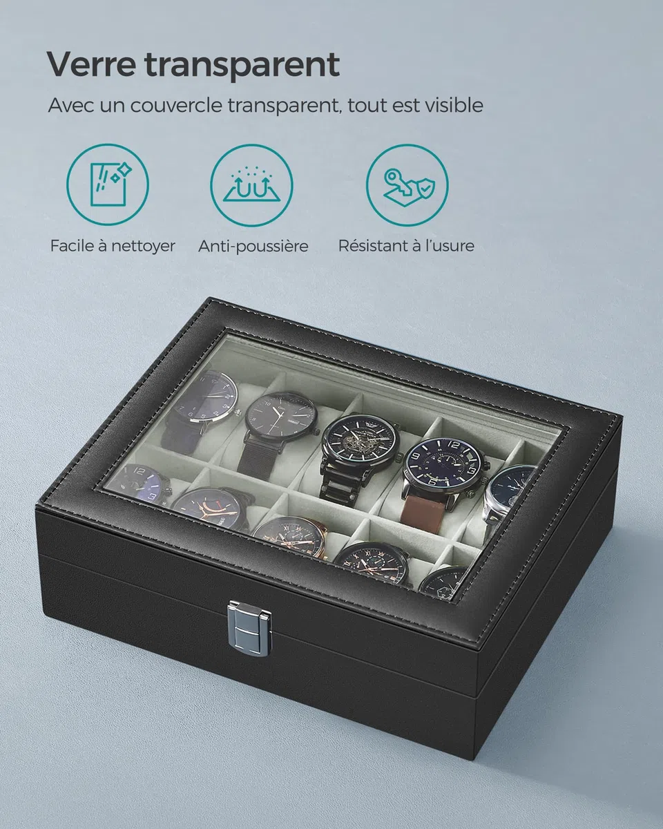 SONGMICS Boîte à Montres à 10 Emplacements, Coffret à Montres, Écrin, Couvercle en Verre, Coussinets Amovibles, Serrure en Métal, Revêtement en Noir et Doublure en Gris Verdâtre JWB010BK