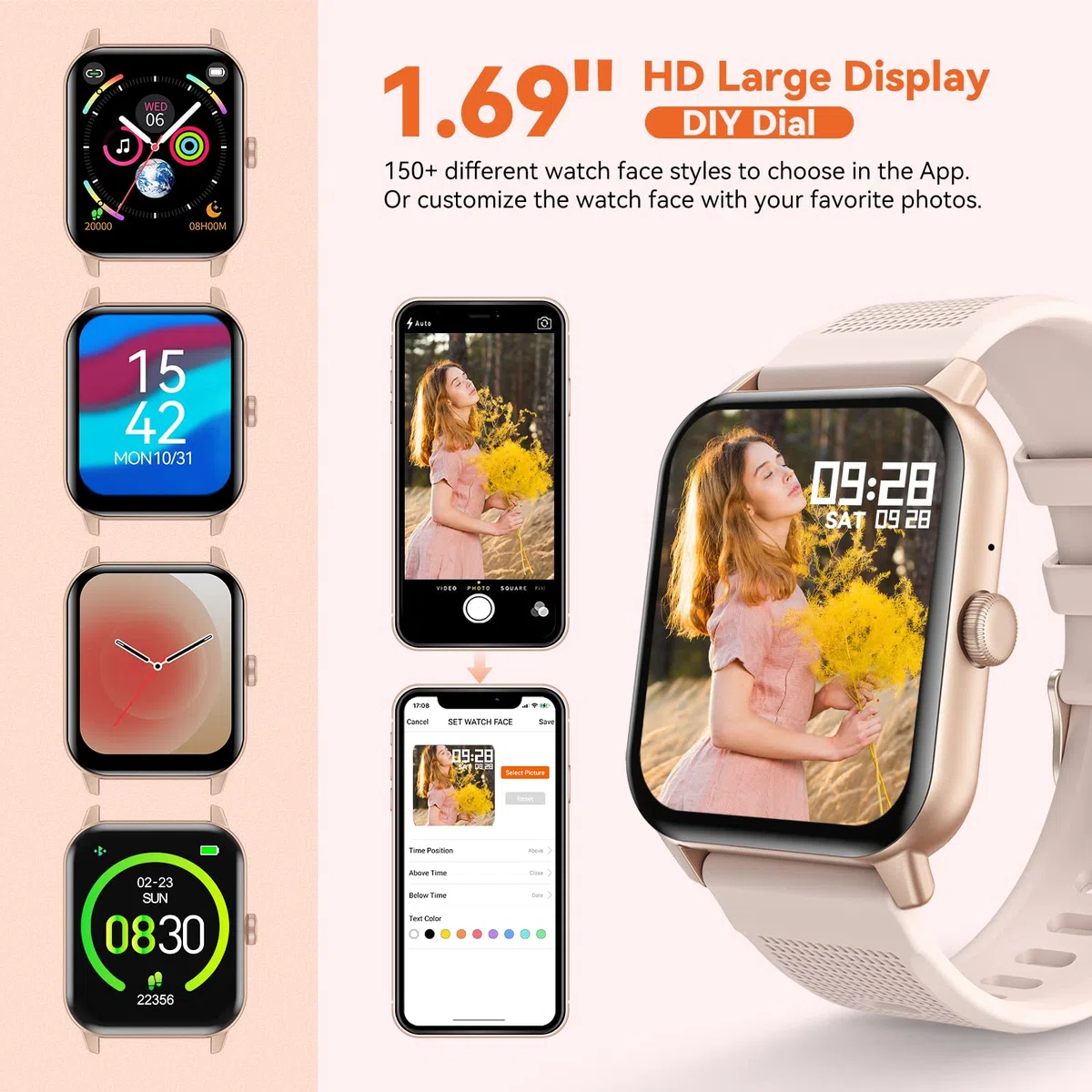 RIVERSONG Montre Connectée Femme avec Appel Bluetooth, 1,70" Montre de Sport avec Fréquence Cardiaque,SpO2, Podomètre, Cycle Menstruel, Moniteur de Sommeil, Étanche IP67, pour Android/iOS, Rose