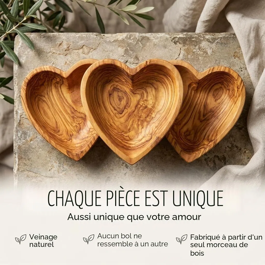 Coussin pour alliances de mariage en bois d'olivier personnalisé - Bol en bois en forme de cœur fait à la main