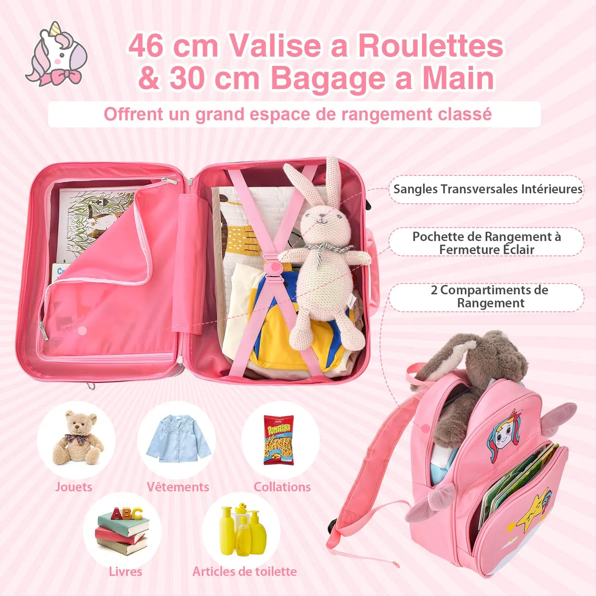 COSTWAY Valise Enfants à roulettes 18” avec Sac à Dos 12”, Bagages à Main pour Voyage avec Roues Coque Imperméable Poignée Rétractable pour Enfants de 3 Ans+ Charge 50KG+8KG (Rose Licorne)
