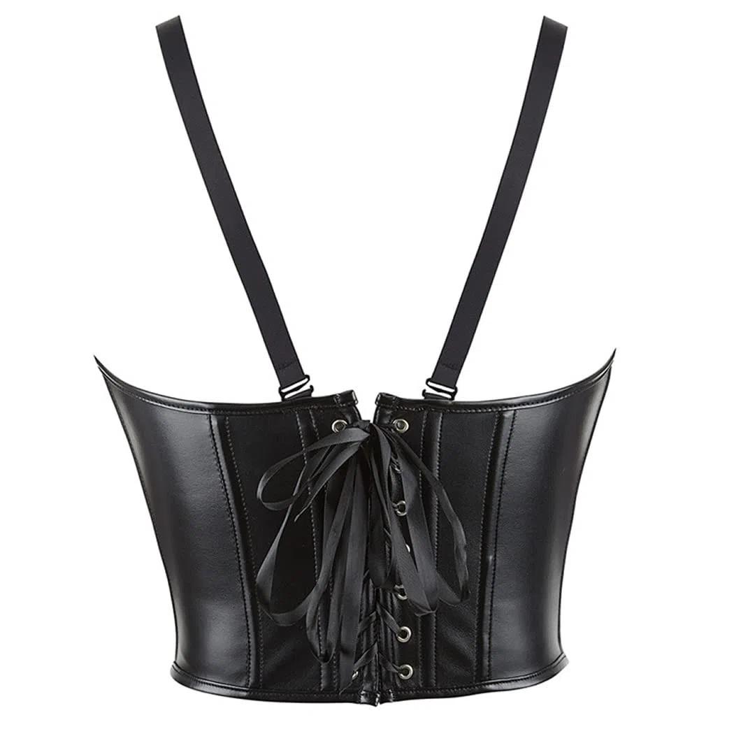 DISSA Corset Sous Poitrine Similicuir avec Bretelles | Similicuir, sous poitrine, fermeture busk avant, bretelles réglables, ruban laçage arrière, baleines plastiques