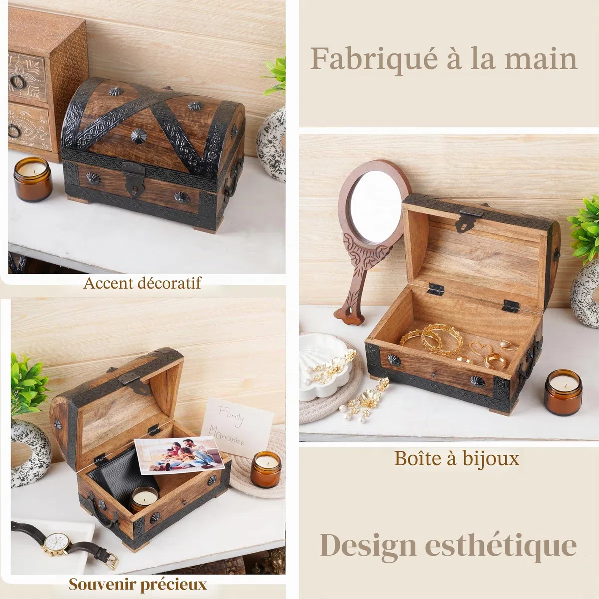Ajuny Coffre à Bijoux Pirate en Bois de Manguier avec Serrure et Clé, Coffret au Trésor Vintage Fait Main Coquillages, Boîte de Rangement Bijoux Souvenirs Bibelots, 9 x 6 Pouces