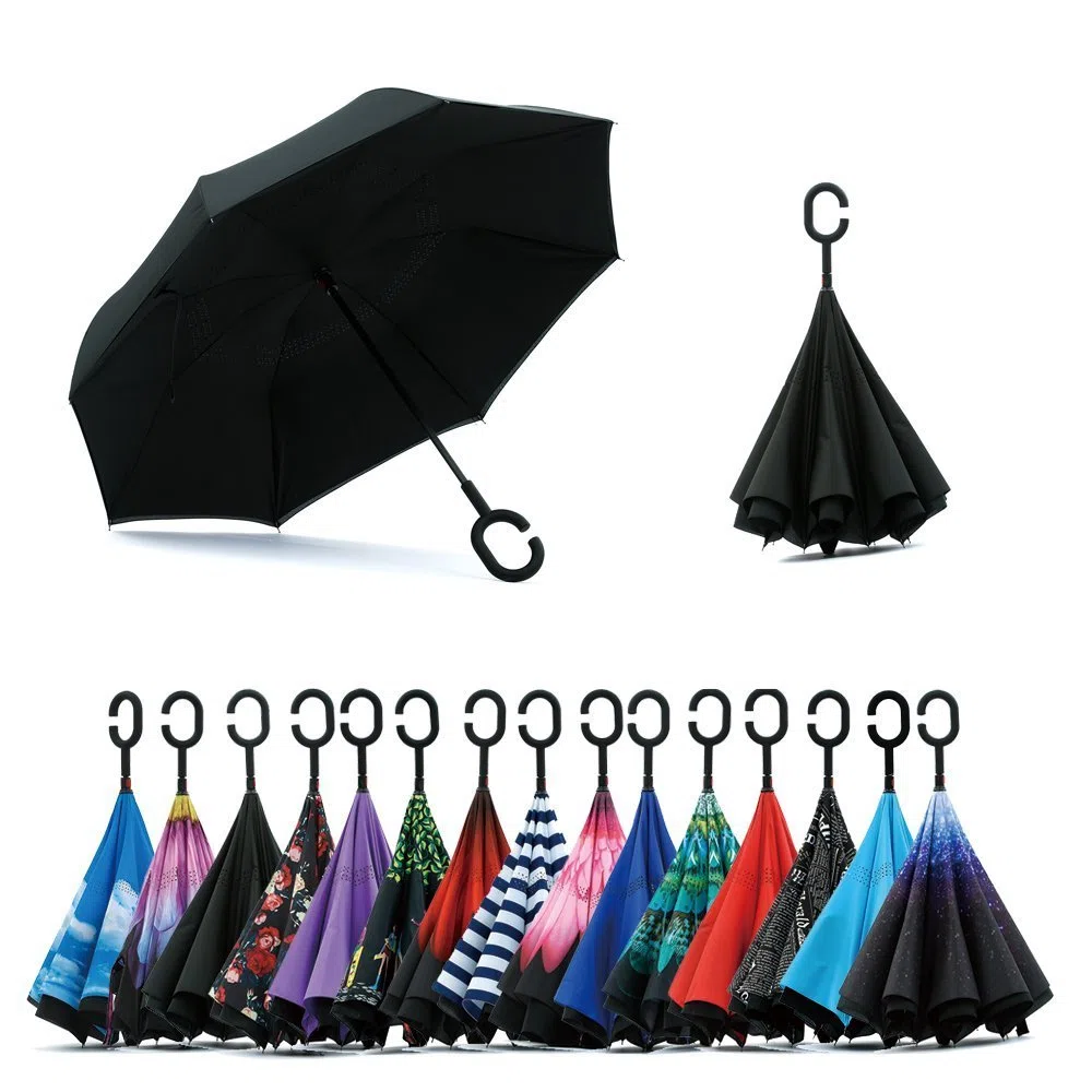 Parapluie Inversé, Anti-UV Double Couche Coupe-Vent Parapluie, Mains Libres poignée en Forme C Parapluie