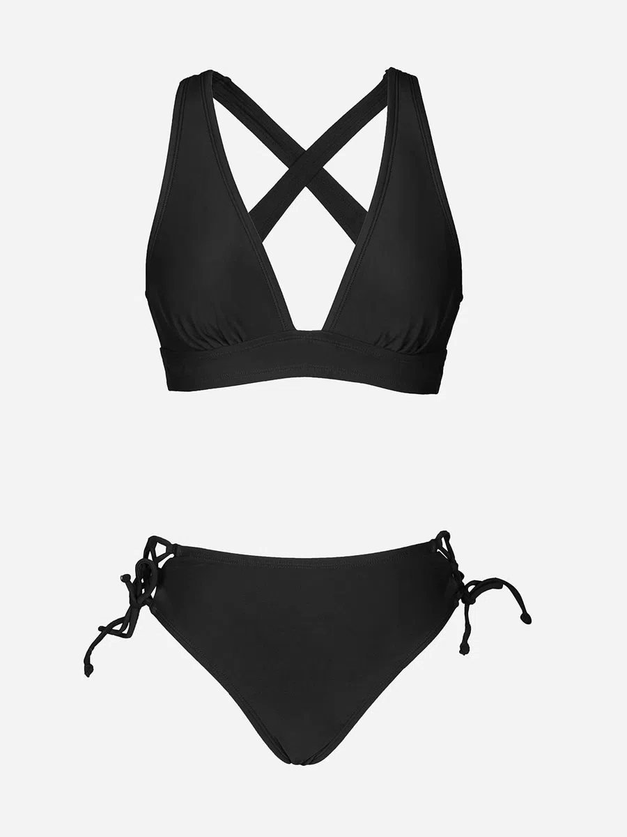 CUPSHE Ensemble de bikini deux pièces pour femme avec col en V, haut triangulaire, bretelles larges, lacets croisés dans le dos, taille mi-haute