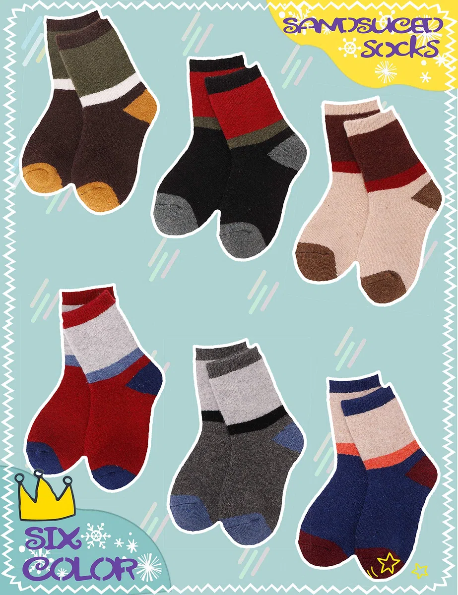 Sandsuced 6 Paires Chaussettes Chaudes Enfant en Laine Mérinos,Chaussettes épaisses Hiver Thermique pour Garçon Fille 22-34