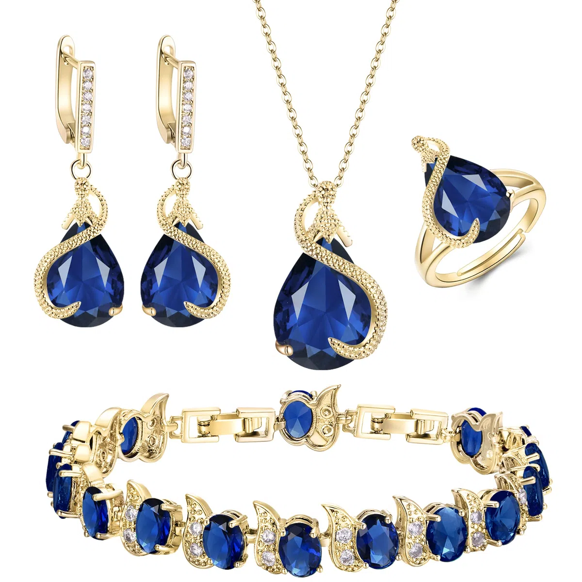 EVER FAITH Parure Bijoux 4PCS Ensemble Goutte d'eau Cubique Zircone Glamour Collier Boucles d'oreilles Bracelet de tennis et Anneau Ouvert pour Dames de Mariage Fête Clair Ton d'argent