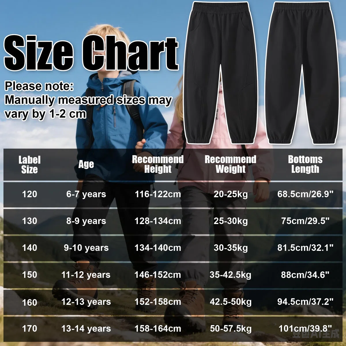 Pantalon Randonnée Softshell Garcon Fille, Thermique Imperméable Coupe-Vent Pantalons de Montagne, Doublé Polaire Ceinture élastiquée Pantalon Automne Hiver pour Enfant Junior 6-14 Ans