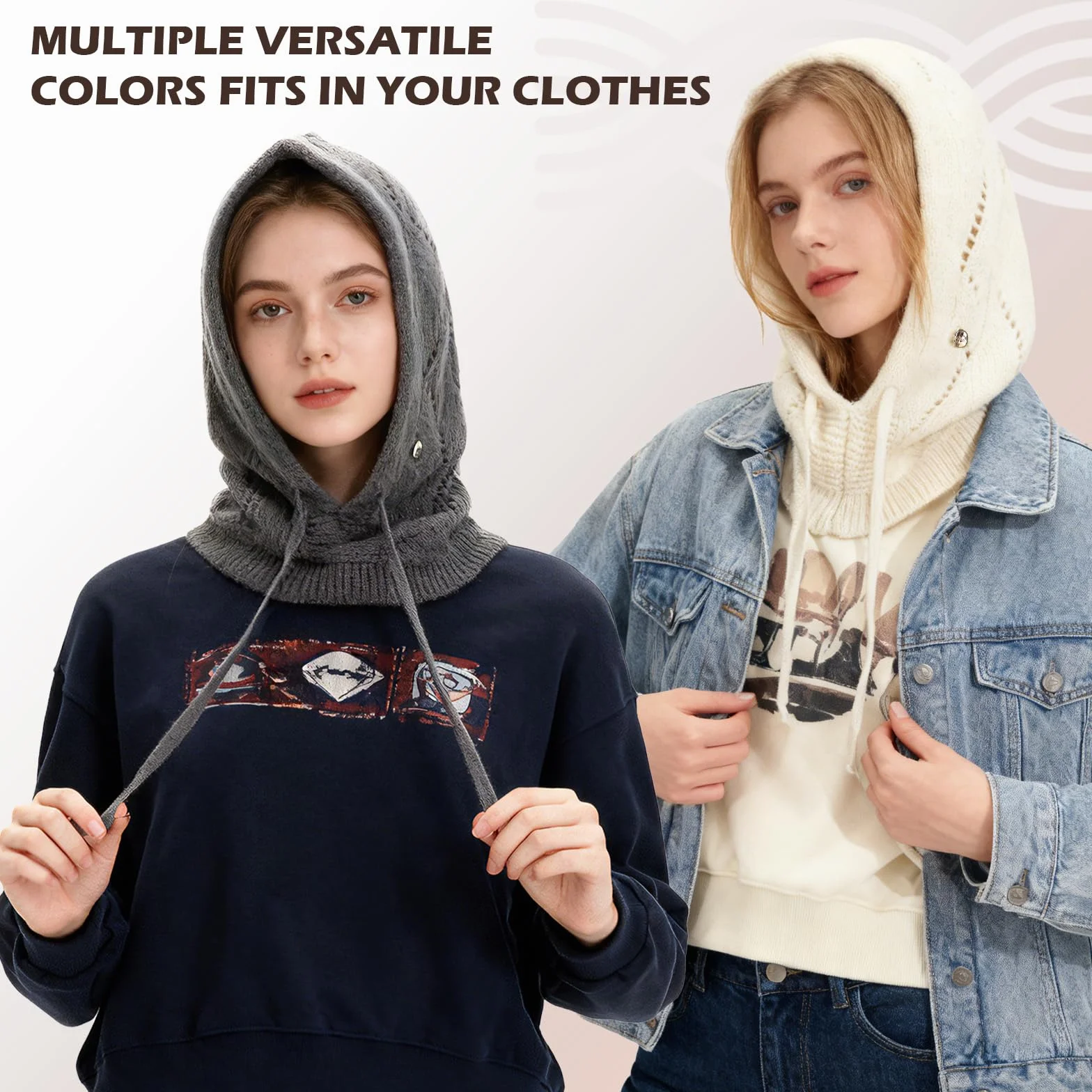 Femme Bonnets et Écharpes Tricotés d'hiver, 2 en 1 Chaude Coupe-Vent Réglable Cagoule avec Écharpe à Capuche, Élastiques Chapeaux Masque en Laine pour Sports de Plein Air Courses Quotidiennes