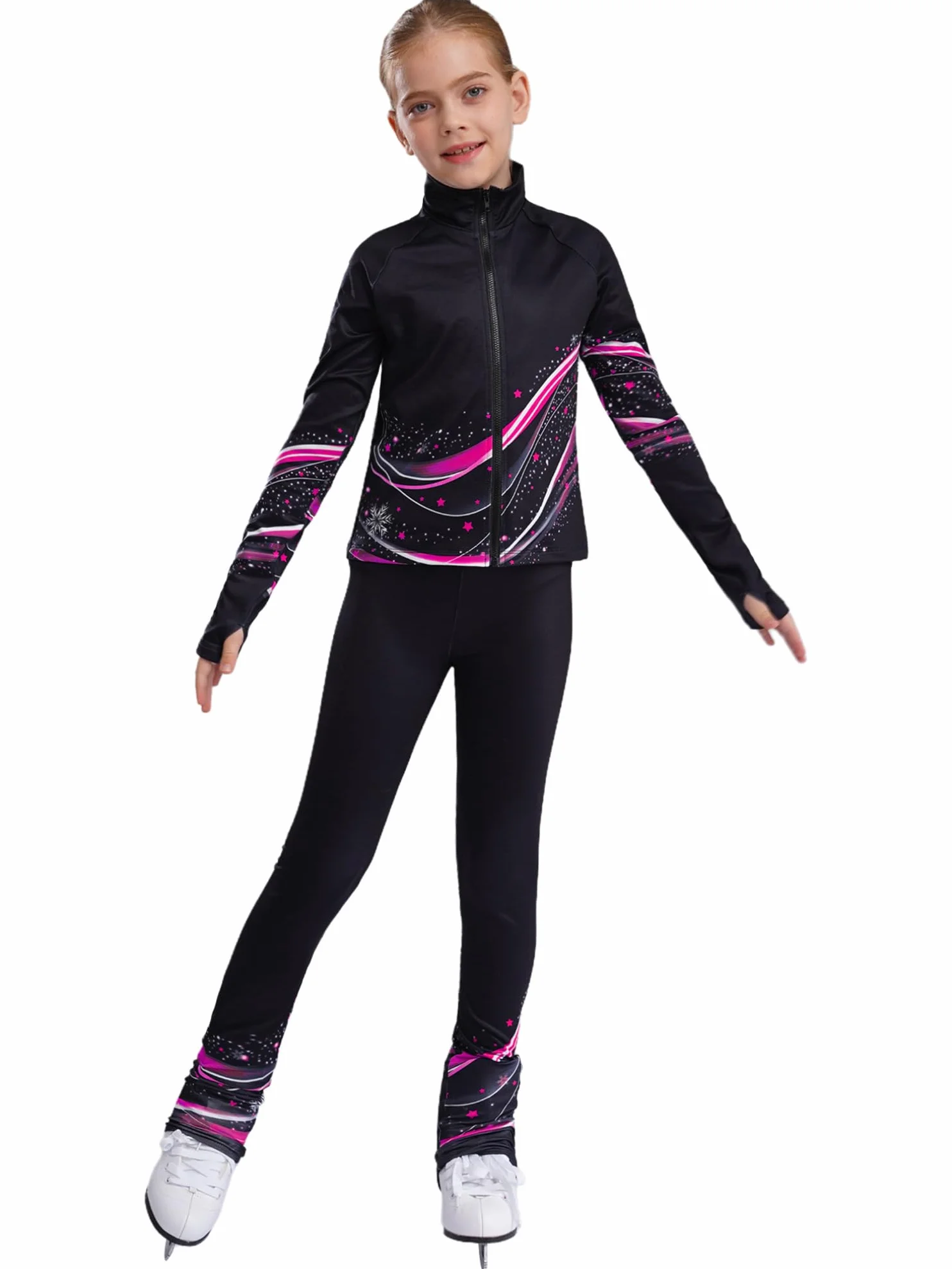 ranrann Ensemble Patinage Artistique Fille Veste Chaud Polaire avec Pantalon Collant Legging Tenue Patinage sur Glace Sport A Rose vif 5-6 ans