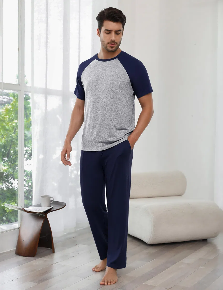 Bresdk Pyjama Homme Coton Ensembles de Pyjamas à Manches Courtes et Pantalons Vêtements de Détente Deux Pièces Confortable Doux