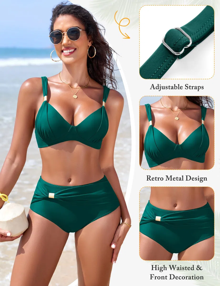 Maillot de Bain Femme 2 Pièces Bikini Taille Haute Push Up avec Soutien Ventre Décolleté Réglable et Détails Métalliques Grande Taille et Sexy pour Plage Piscine