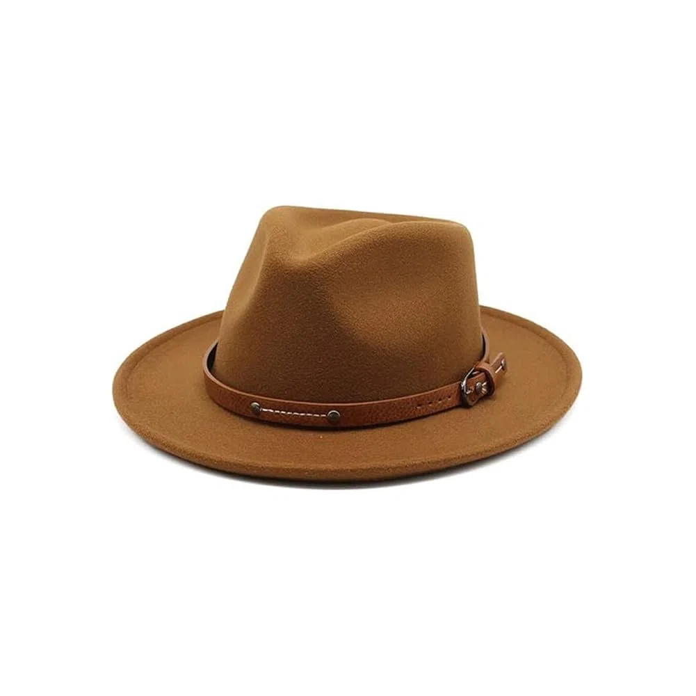QUUPY Kaki Classique Felt Fedora Chapeau Large Bord Soft Hair Panama Chapeau Automne Hiver Jazz avec Rivet Boucle déployante et Cordon de Serrage réglable