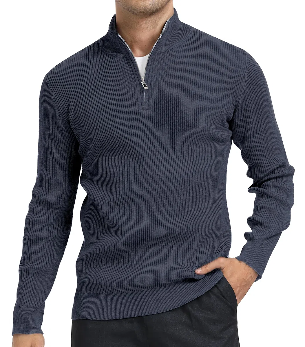 Pull Homme Hiver Tricoté Zippé Maille avec Col Montant Chaud Manches Longues Pullover Sweater