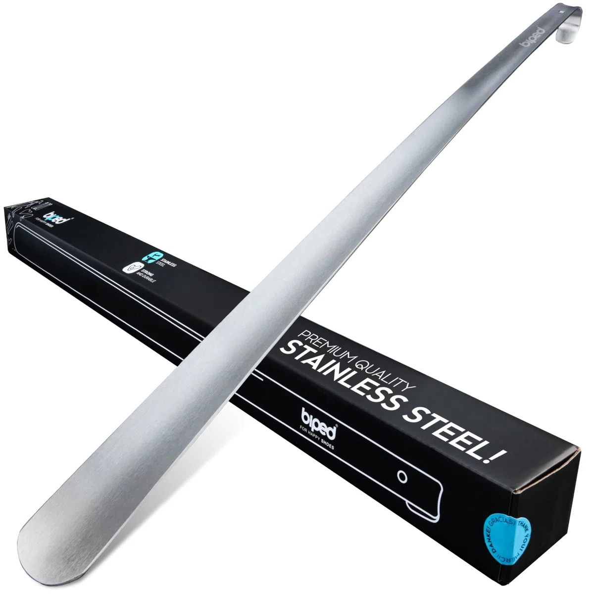 biped chausse-pied long en métal, acier inox brossé – aide-chaussure robuste dans coffret cadeau élégant – chausse-pied premium pour un usage quotidien z2932(70cm,silver)