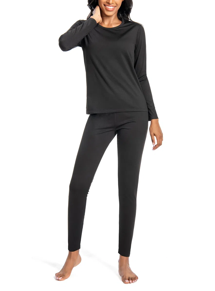 Nutria sous Vetement Thermique Femme, Ensemble de sous-Vêtements Col Rond à Manches Longues, Haut & Bas avec Doublure en Polaire, Fonctionnel Couche de Base par Temps Froid D03AB