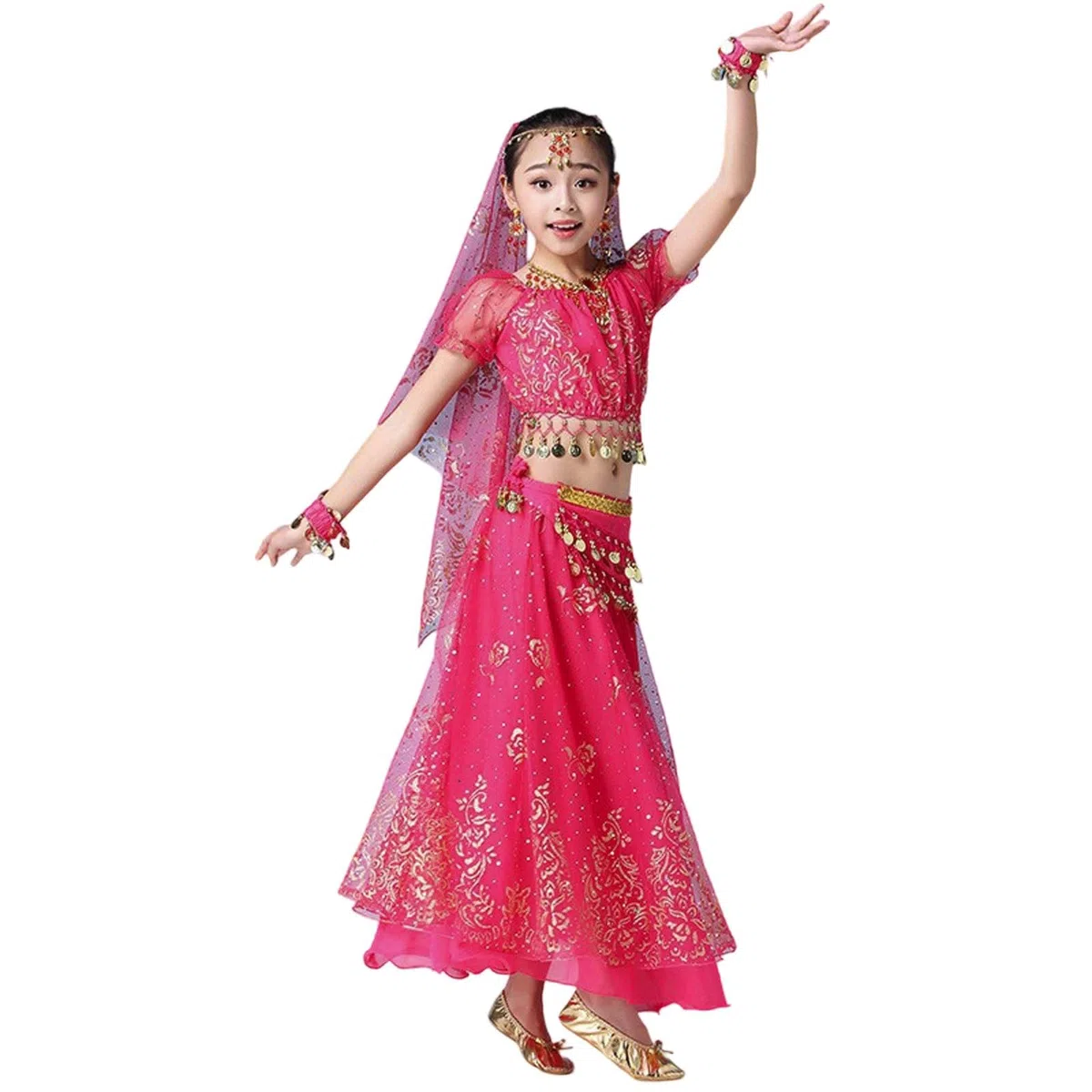Générique Déguisement Enfant Costume Danse Orientale Robe Indienne Carnaval Fille Indienne Tenue Danse Fille Bauch Tanz Kostüm Performance Vêtements Jupe en Mousseline de Soie Ensemble