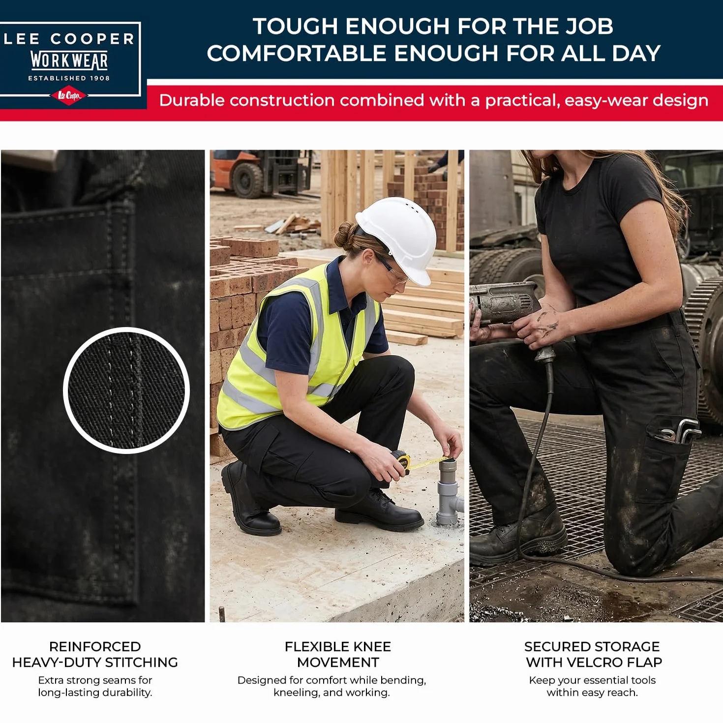 Lee Cooper Pantalon Travail Femme Cargo – Workwear Résistant Entretien Facile Multi Poches, Pantalon Sécurité Classique pour Chantier Industrie (Noir, 42 EU / 28L)