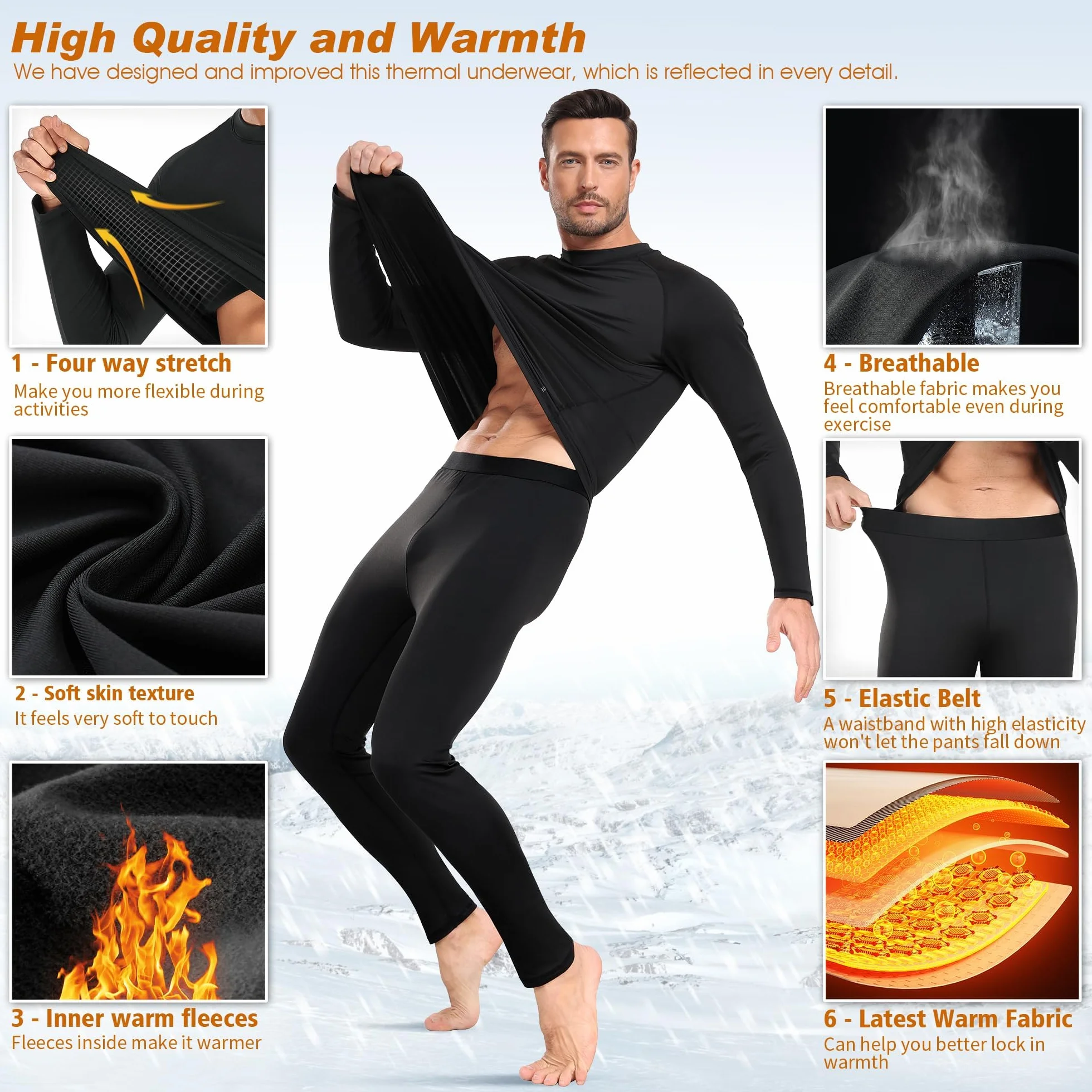 sous Vetement Thermique Homme Hiver sous-Vêtements Thermiques Homme sous Pull Thermique Énsemble Ski Collant Elasticité Ensemble Thermique Respirant sous Pantalon Thermique
