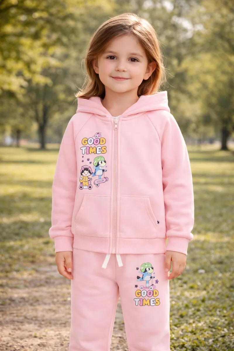 BlueY Survêtement Fille Rose Ensemble 2 Pièces Sweat à Capuche et Pantalon 100% Coton 12 Mois – 6 Ans