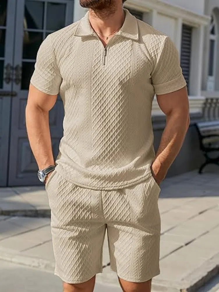Homme Ensemble Chemises 1/4 Zip Hauts à Manches Courtes 2 Pièce Survêtement Été T-Shirt Chemisette et Pantacourt Bermudas Shorts pour Vacance Loisir