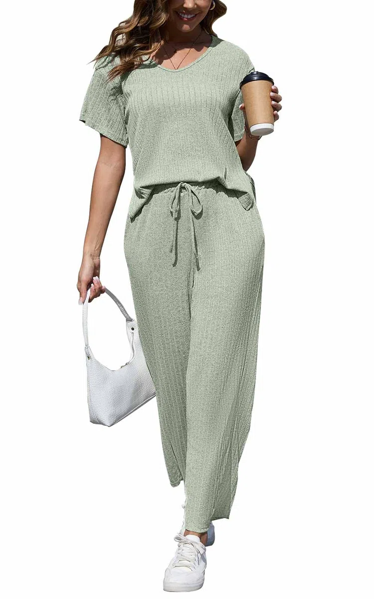 CheChury Ensemble Femme Pantalon et Haut Fluide 2 Pièces Manches Courtes Top Pantalon avec Poches Ensemble Deux Pièces Loungewear Casual Outfit Été Automne Survêtement Suit