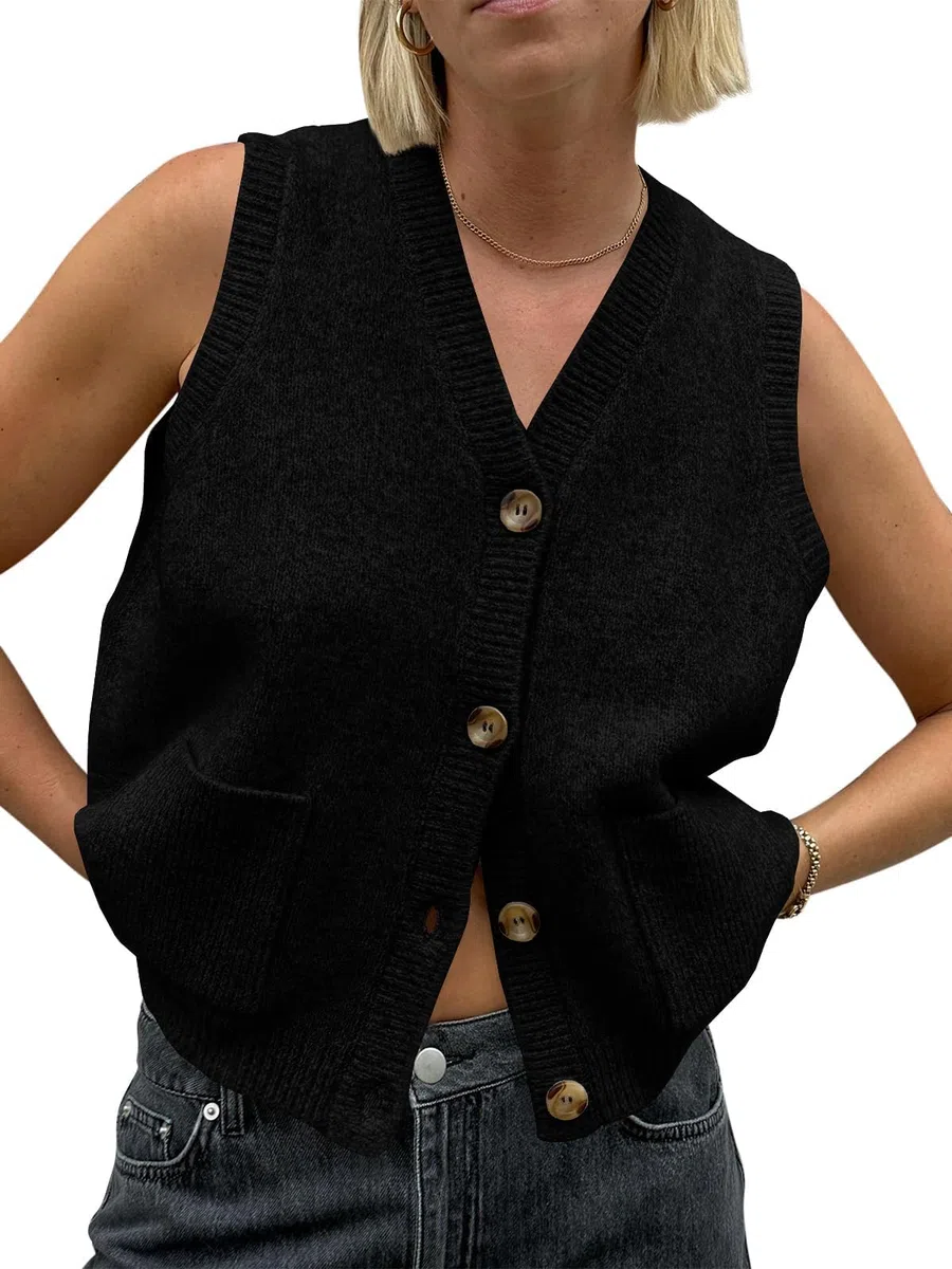 Saodimallsu Pull sans manches pour femme - Coupe ample - Gilet en tricot - Bouton en V - Tricot tendance et décontracté - Avec poches, Noir , L