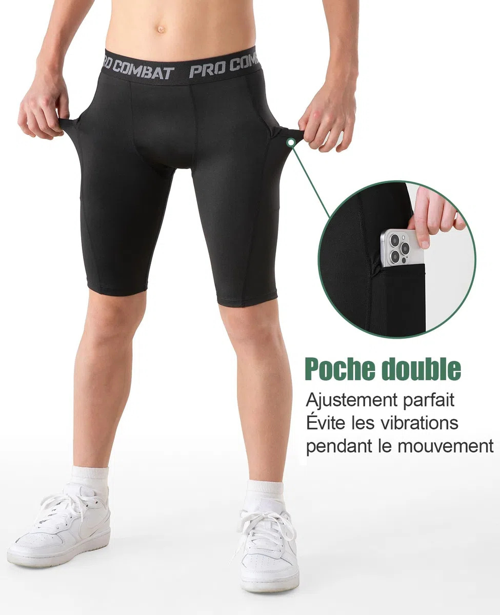 Niksa Short de compression pour garçon, couche de base performante, sous-vêtement d'entraînement, short de sport avec poches latérales