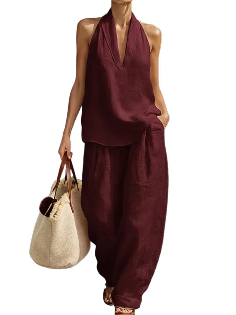 ORANDESIGNE Ensemble Lin Femme Chic et Elegant Costume Été Deux Pièces Tenue sans Manches Débardeur et Pantalon Costume Tailleur 2 Pièces Set