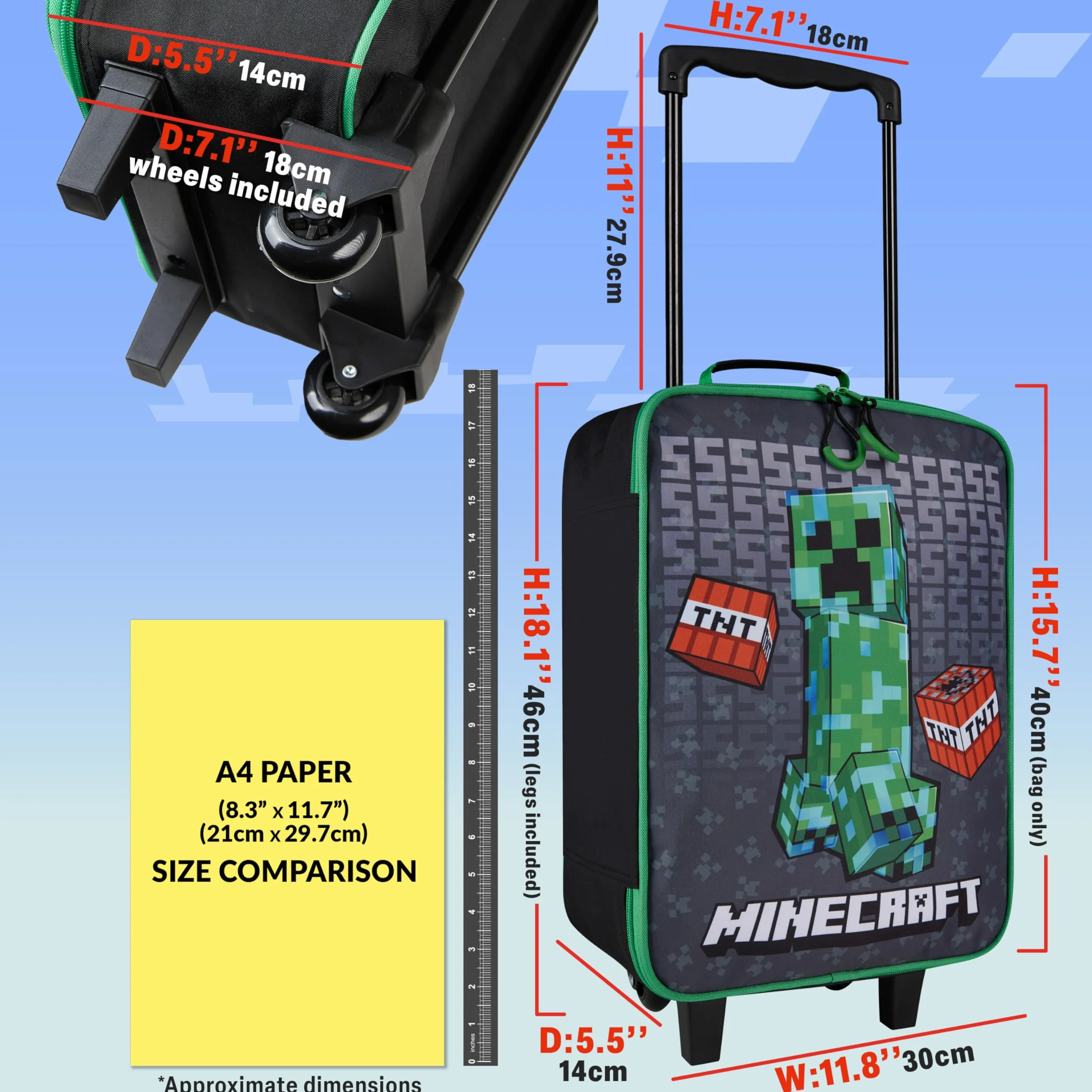 Minecraft Valise Enfant Garcon Sac Trolley Creeper Valise Pliable avec Roulette Bagages Enfant pour Voyage Vacances École, 40x30x14cm, 15L (S, L46cm x W30cm - 17L, Noir)
