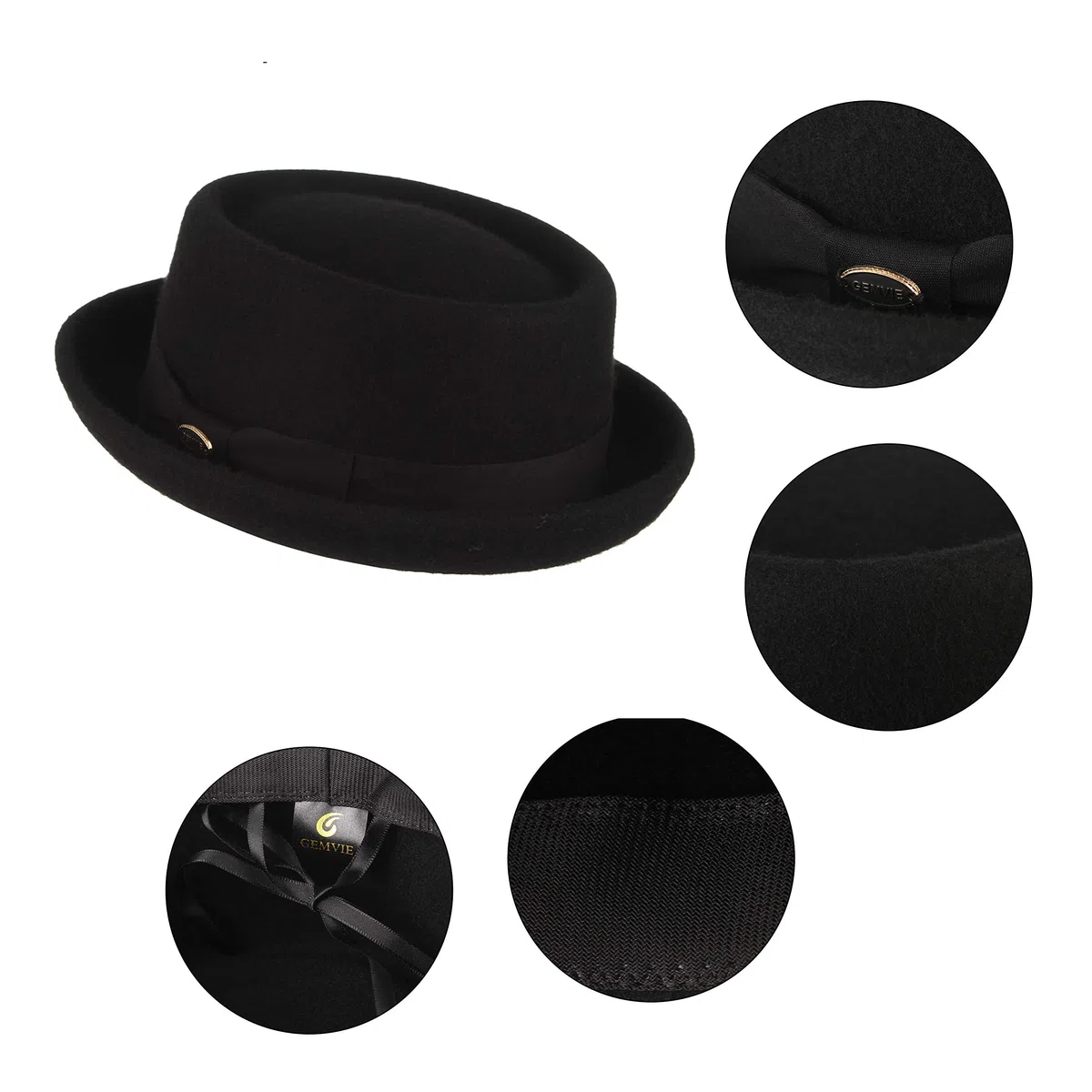 GEMVIE Pork Pie Chapeau pour Homme et Femme 100% Feutre de Laine Chapeau Fedora Trilby Noir Adulte Unisexe Chapeaux Porkpie