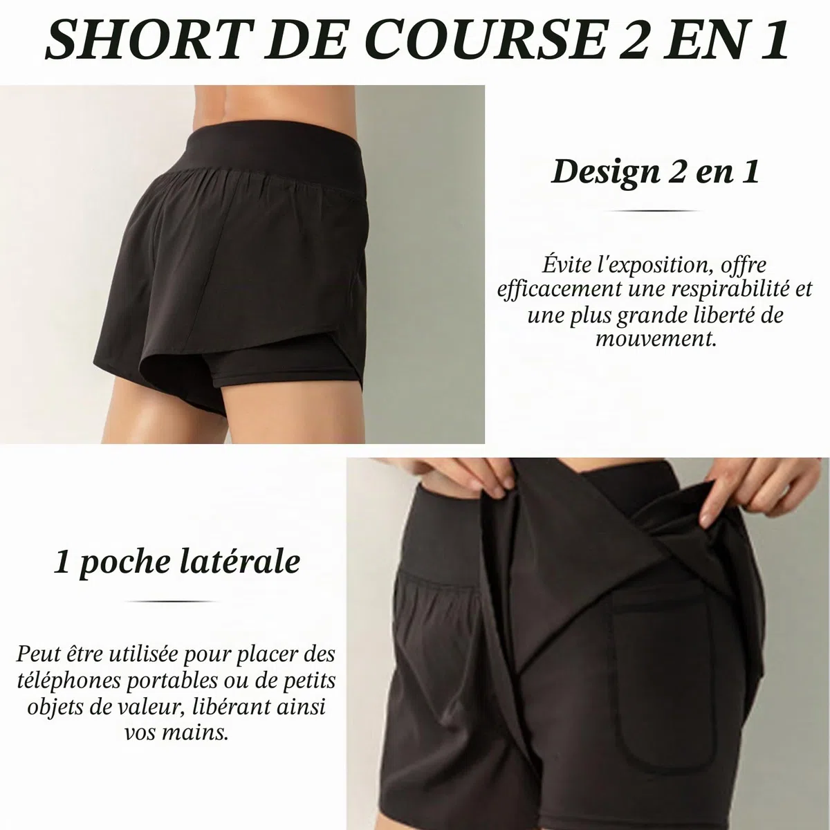 Short de course 2 en 1 pour femme, séchage rapide, short de course avec poche pour téléphone, short d'entraînement athlétique, jogging, gym, yoga avec doublure pour femme