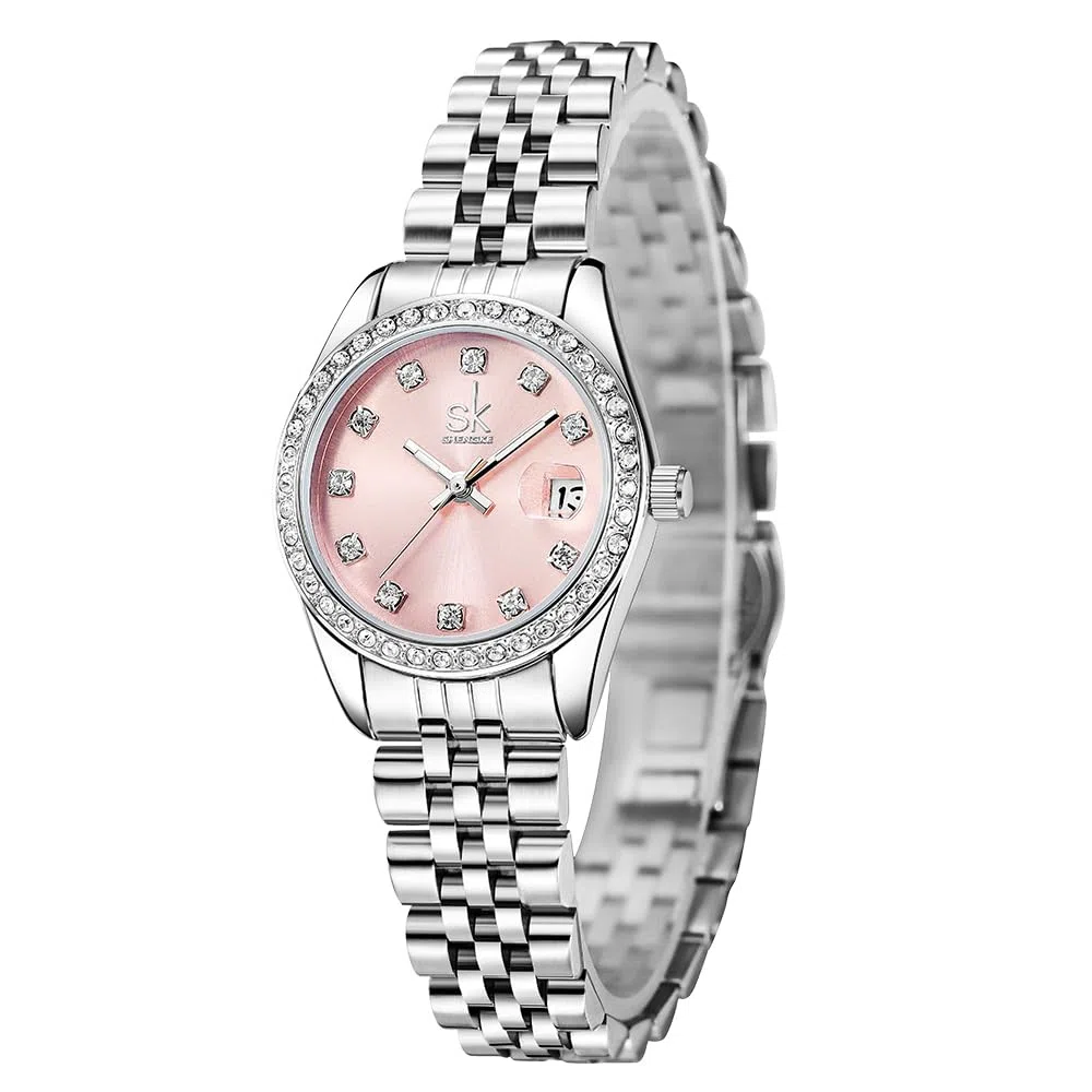 SHENGKE Montre pour Femmes avec Bracelet en Alliage d'acier et Cristaux Montre à Quartz et Calendrier pour Femmes