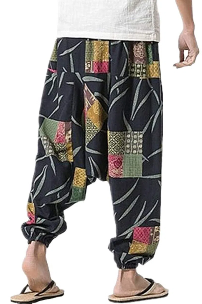 PERDONTOO Hommes Sarouel Confortable Taille Élastique Décontracté Hippies Pantalon
