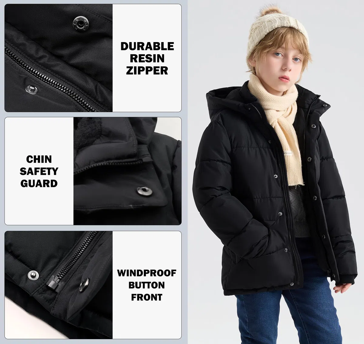 SOLOCOTE Manteaux d'Hiver Épais pour Grands Garçons Enfants Doudoune Polaire Lourd Imperméable avec Capuche Poignets Côtelés et Poches pour Enfants