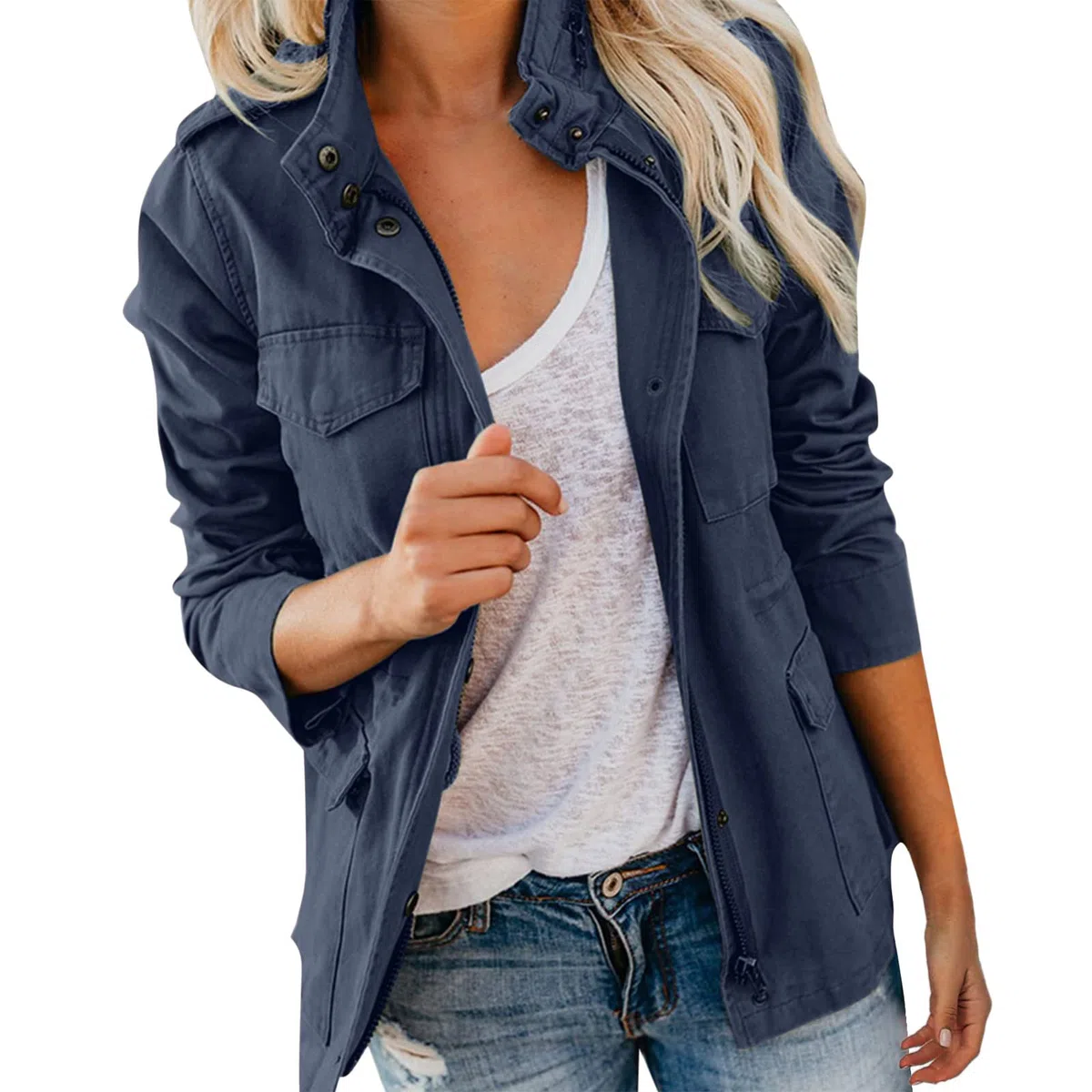 Jean Veste Militaire Femme Blouson Mi Saison Grande Taille Manteau Court Parka en Coton pour Printemps Décontracté Kaki Jacket Veste en Jean Saharienne Femme Legere Sports avec Poches Ziper