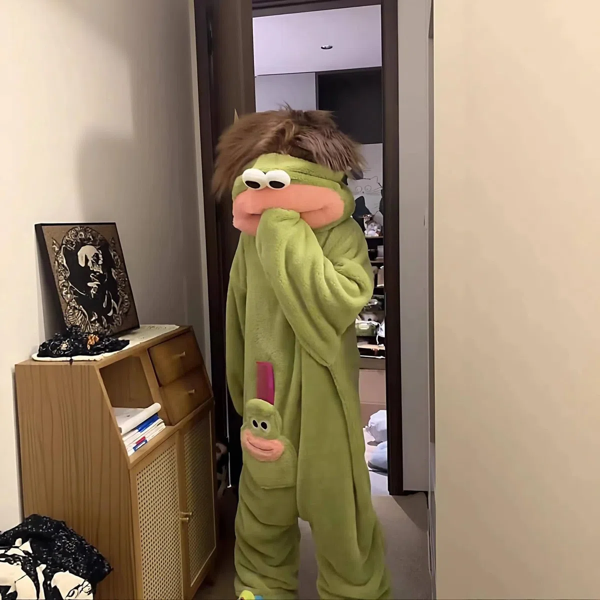 Combinaison Pyjama Kinder Enfant Unisexe Silly Onesie Verte Monstre Costume Deguisement Chaud et Doux Le Plaisir en Famille Détente Confortable Plush Sleepwear Mignon De Dessin Animé Loungewear