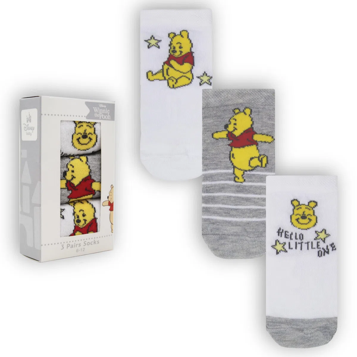 Disney Winnie l'ourson Chaussettes Mixte Bébé 3 Paires Coffret Cadeau Gris et Blanc