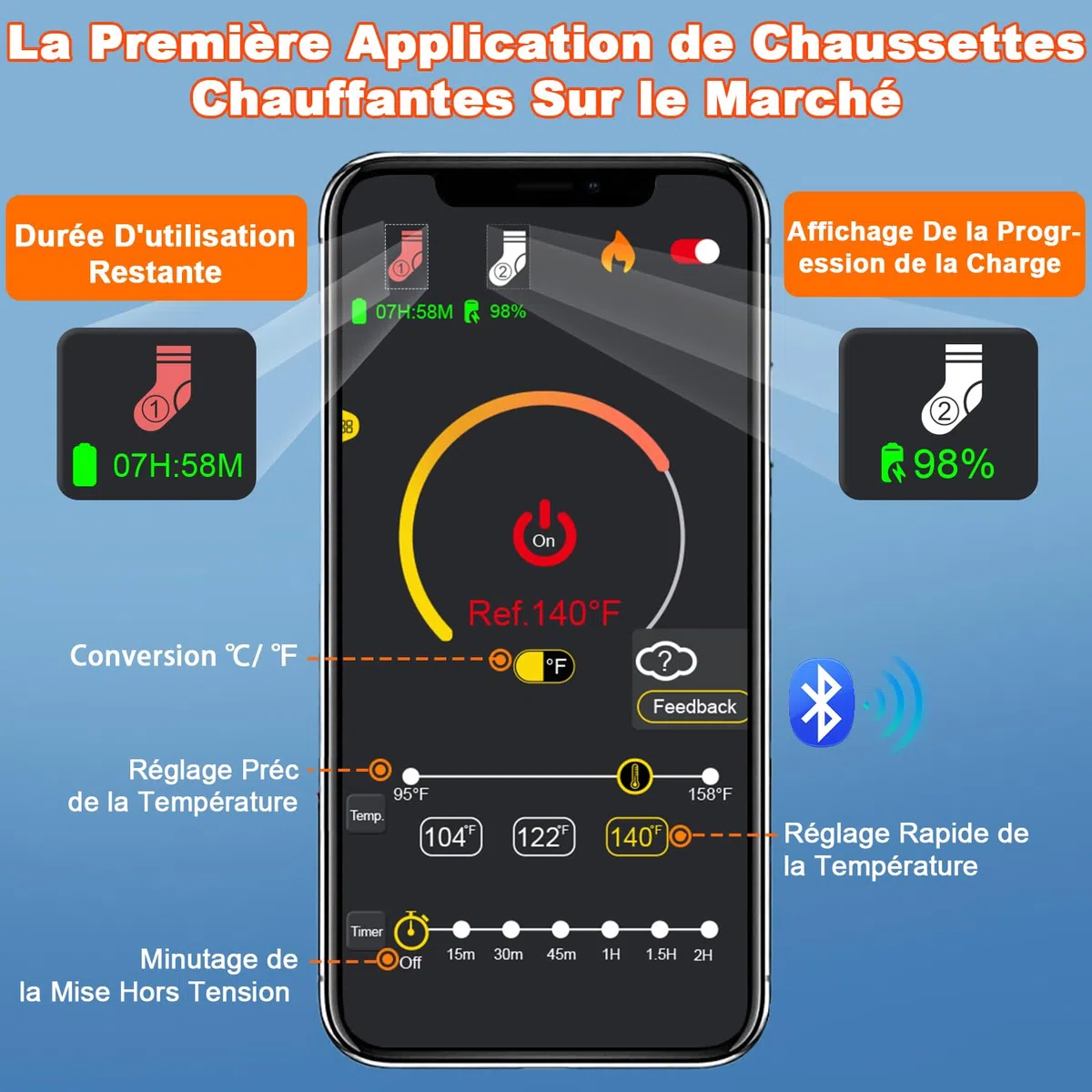 Chaussettes Chauffantes Homme Femme avec Télécommande APP Chauffe-Pieds,6000mAh Rechargeables Chaussettes Chaudes d'hiver en Coton