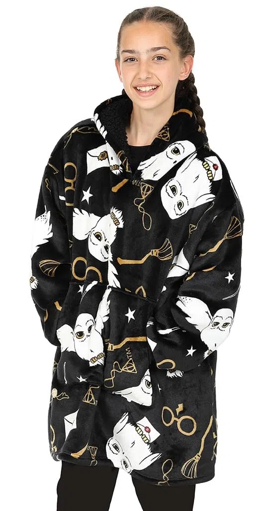 Harry Potter Hedwig Sweat à capuche noir pour fille, Couverture polaire surdimensionnée à capuche